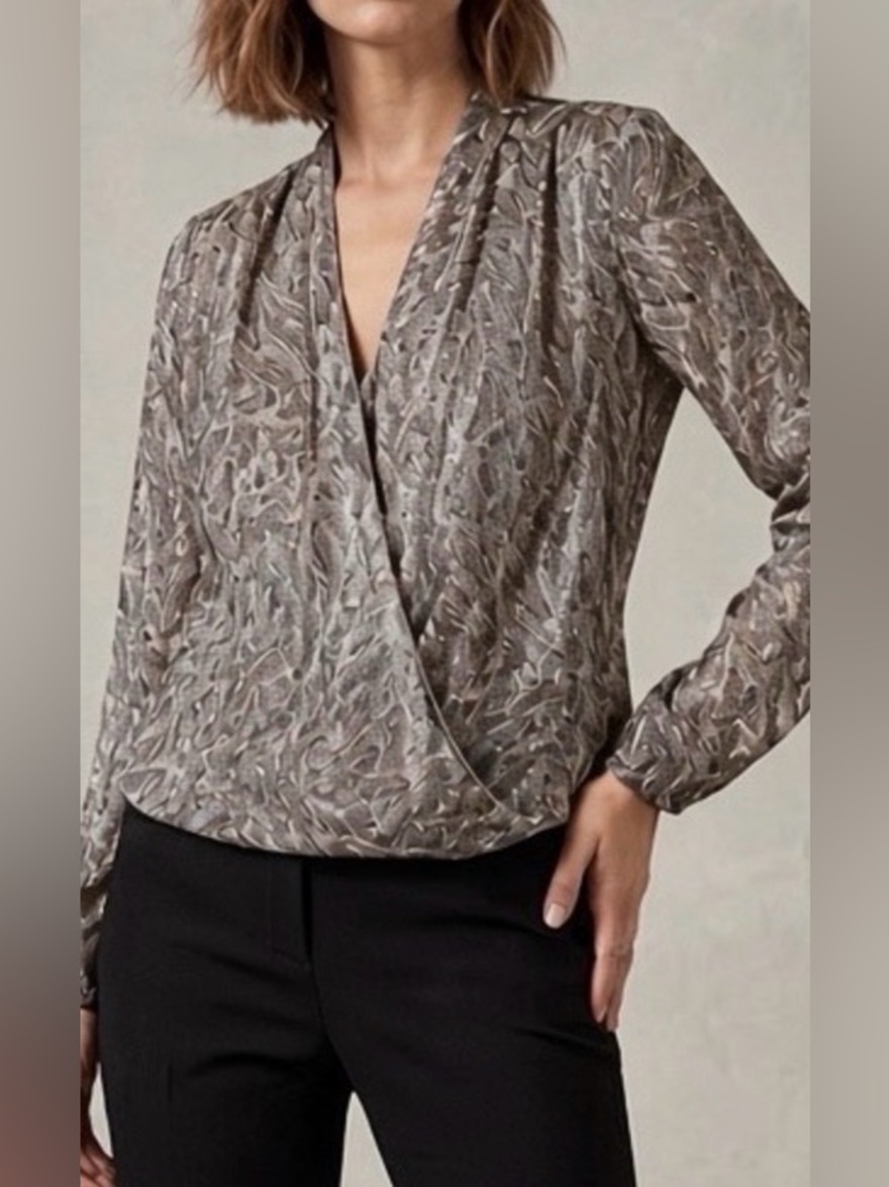 White House Black Market Gray Shimmer Leaf Print  Surplice Blouse: Size 8
